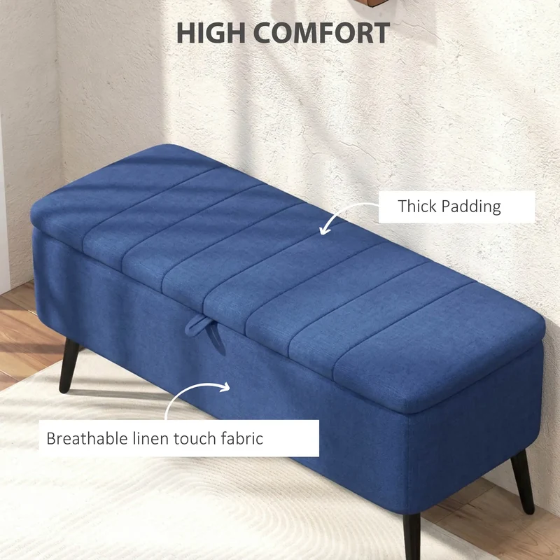 40" Ottoman with Storage, Linen Upholstered Bench, Dark Blue