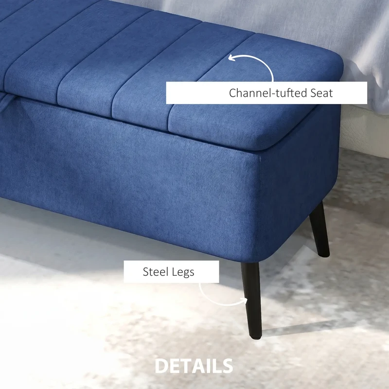 40" Ottoman with Storage, Linen Upholstered Bench, Dark Blue