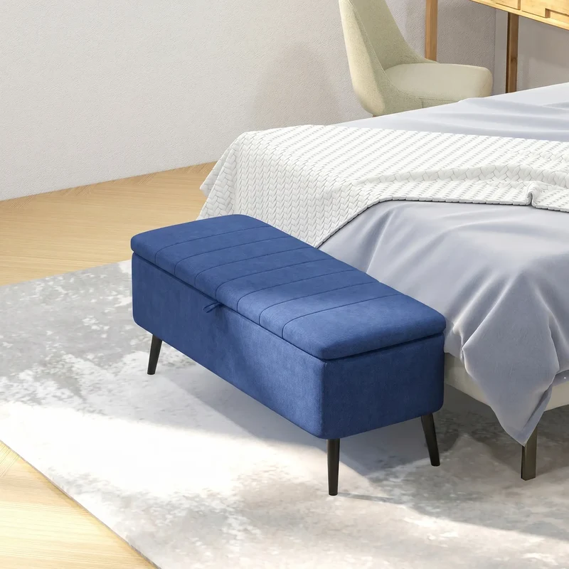 40" Ottoman with Storage, Linen Upholstered Bench, Dark Blue