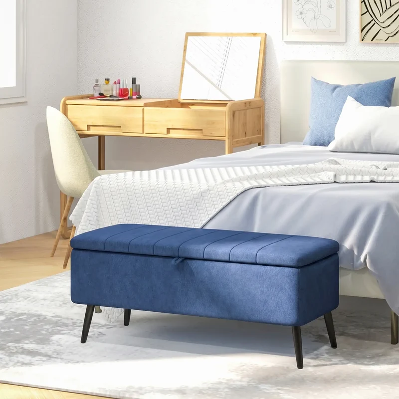 40" Ottoman with Storage, Linen Upholstered Bench, Dark Blue