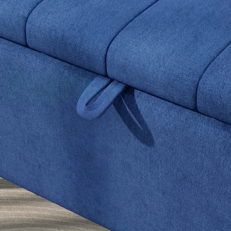 40" Ottoman with Storage, Linen Upholstered Bench, Dark Blue