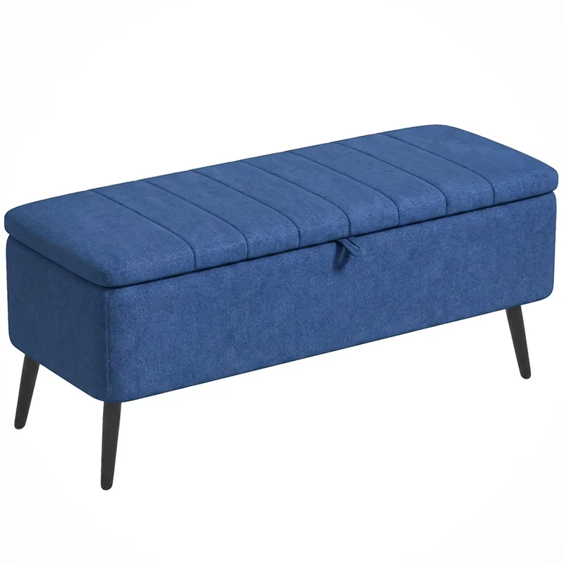 40" Ottoman with Storage, Linen Upholstered Bench, Dark Blue