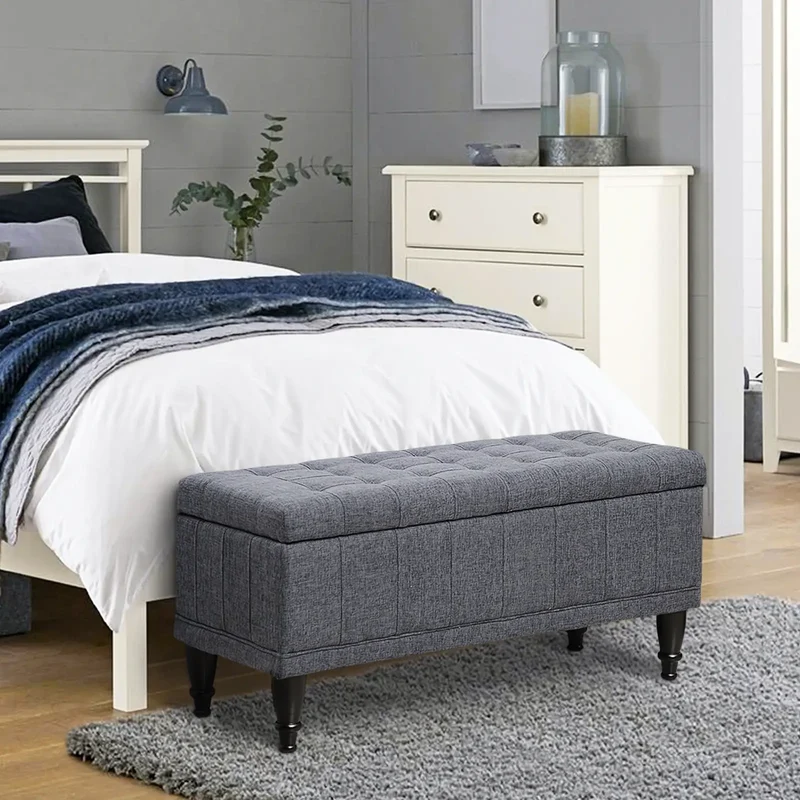 Linen Storage Ottoman Bench With Soft Close Lid, Grey