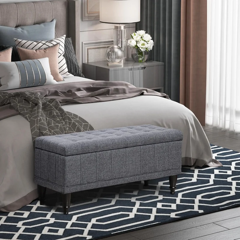 Linen Storage Ottoman Bench With Soft Close Lid, Grey