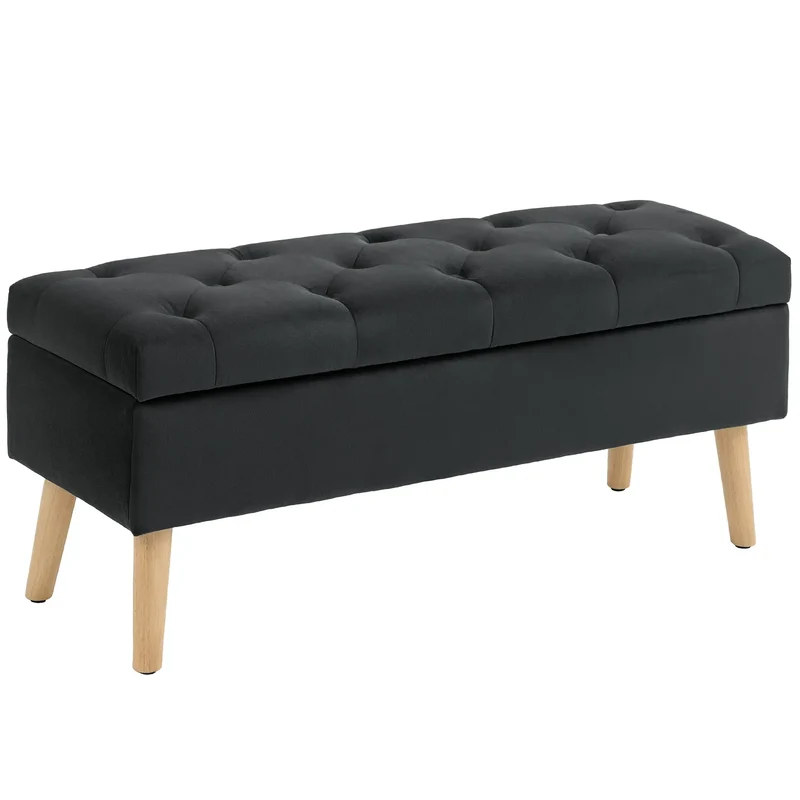 Velvet Storage Ottoman with Lid, Wood Legs, Black