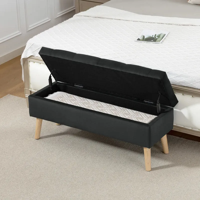 Velvet Storage Ottoman with Lid, Wood Legs, Black