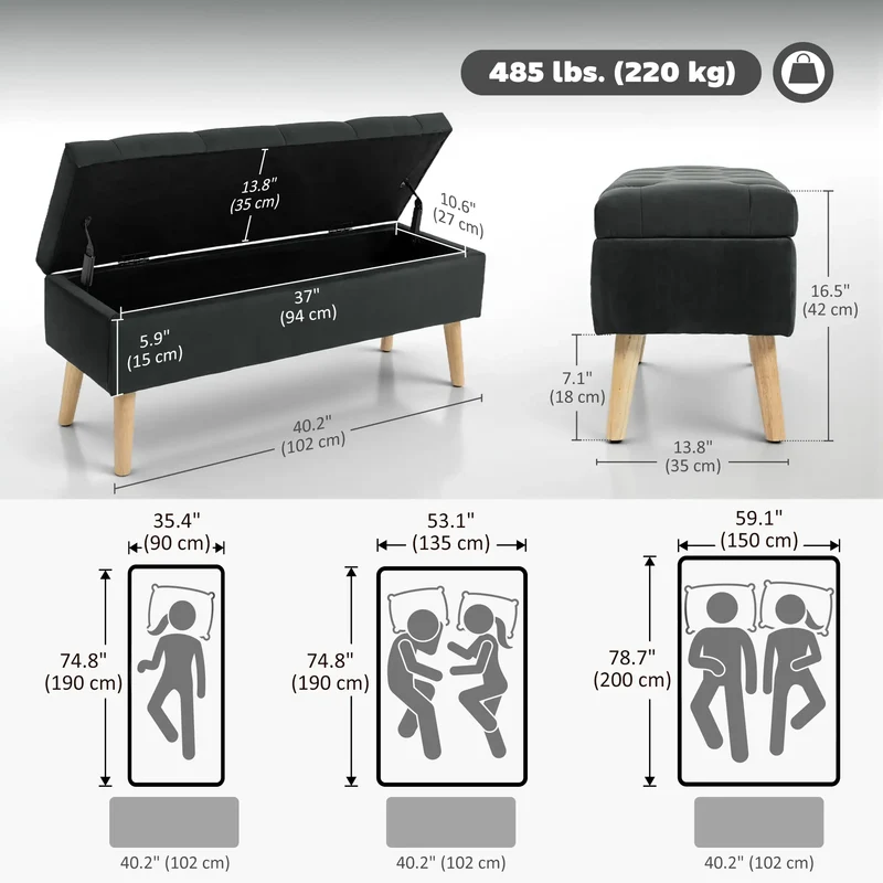 Velvet Storage Ottoman with Lid, Wood Legs, Black