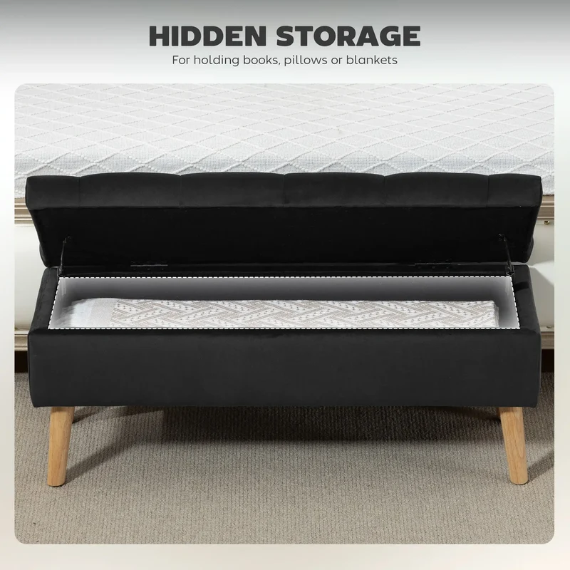 Velvet Storage Ottoman with Lid, Wood Legs, Black