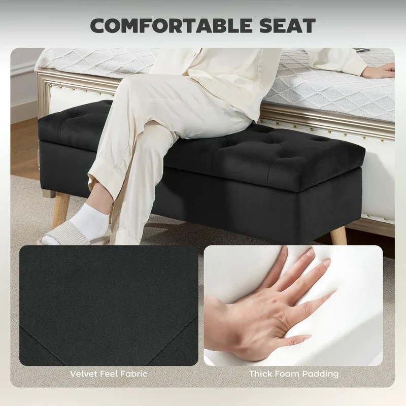 Velvet Storage Ottoman with Lid, Wood Legs, Black