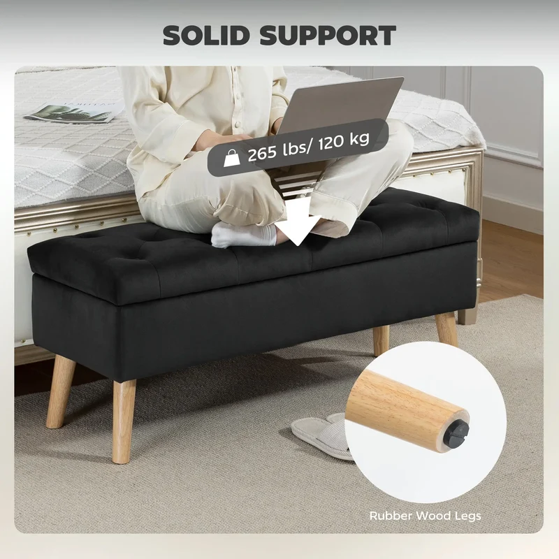 Velvet Storage Ottoman with Lid, Wood Legs, Black