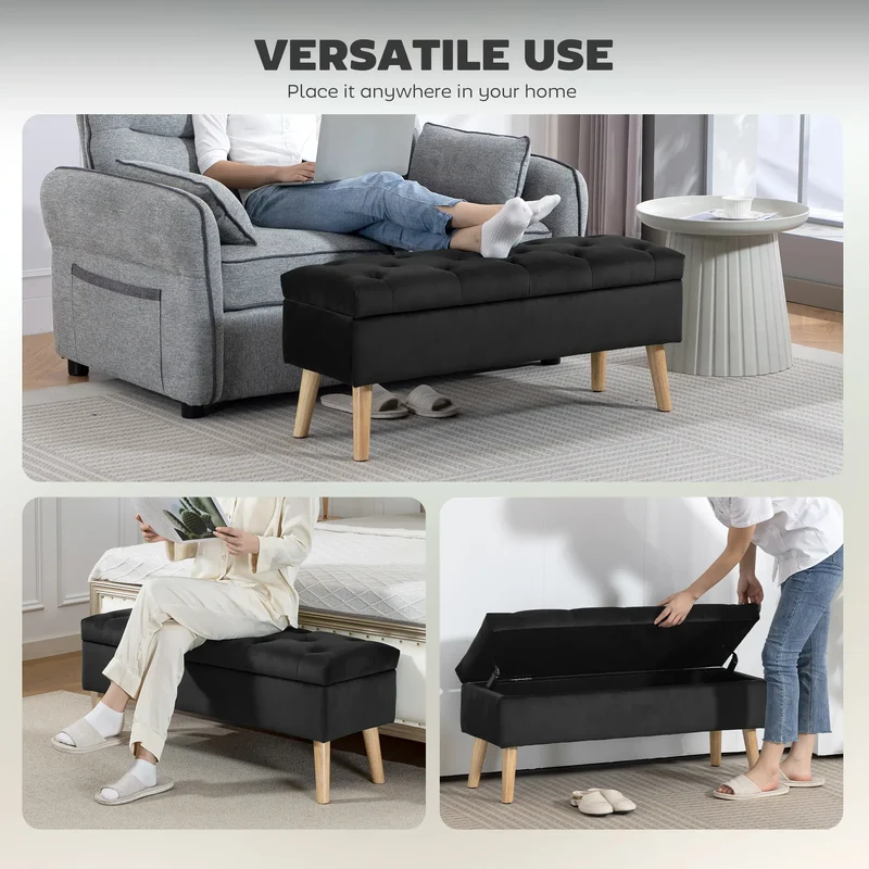 Velvet Storage Ottoman with Lid, Wood Legs, Black