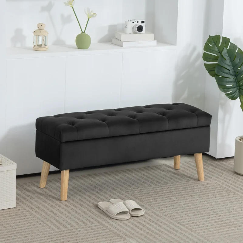 Velvet Storage Ottoman with Lid, Wood Legs, Black