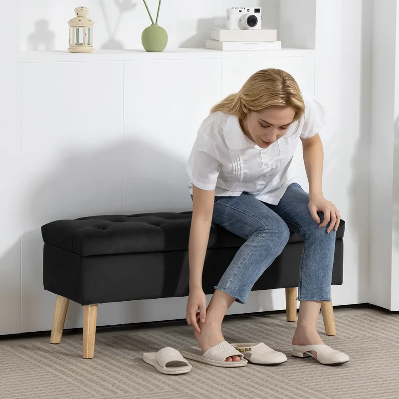 Velvet Storage Ottoman with Lid, Wood Legs, Black