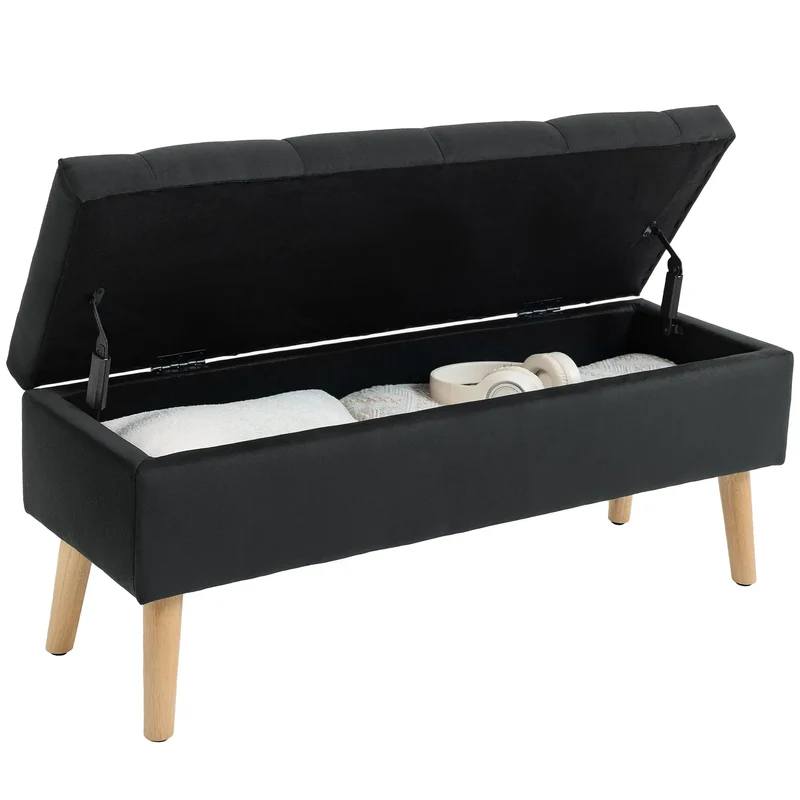 Velvet Storage Ottoman with Lid, Wood Legs, Black