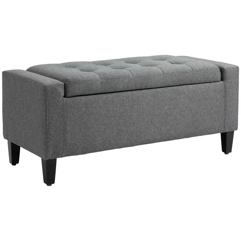 36" Linen-Look Storage Ottoman Bench, Solid Wood Frame, Grey