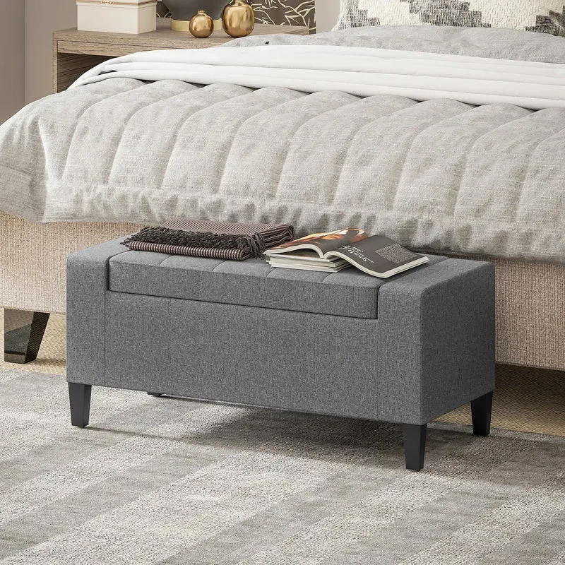 36" Linen-Look Storage Ottoman Bench, Solid Wood Frame, Grey