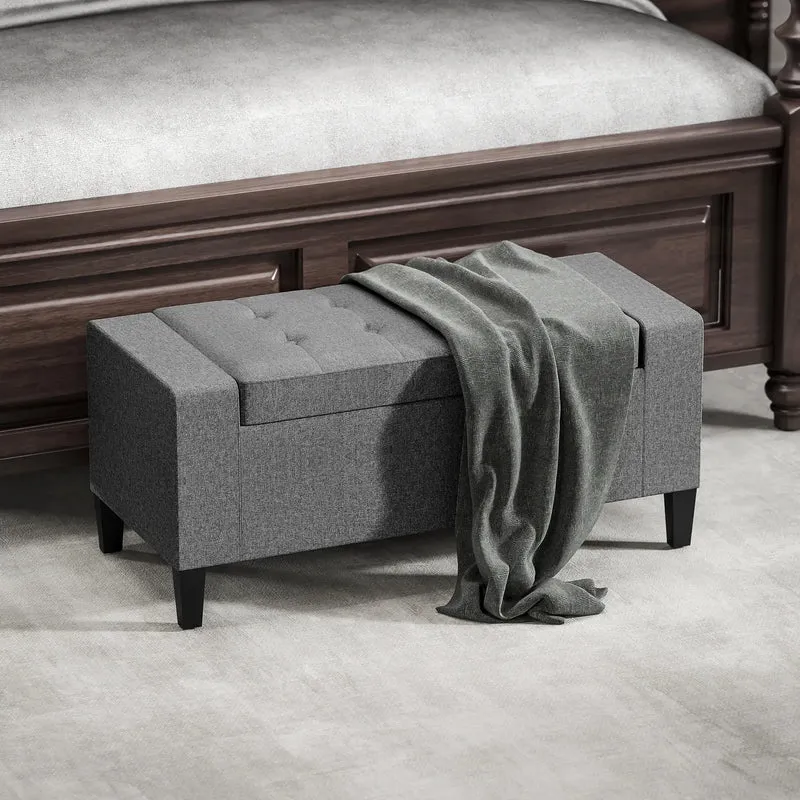 36" Linen-Look Storage Ottoman Bench, Solid Wood Frame, Grey