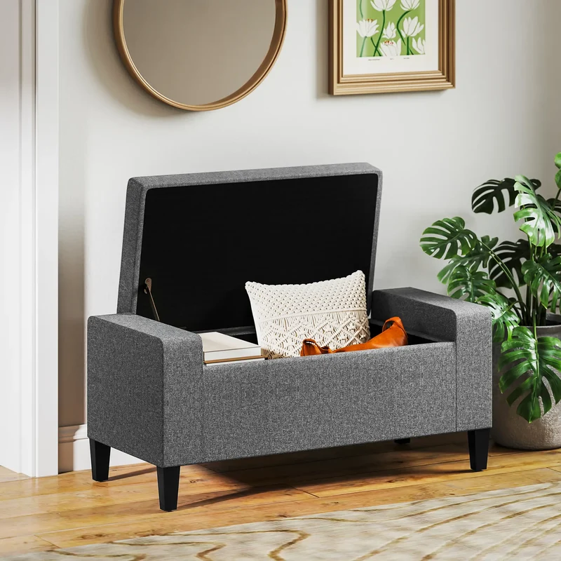 36" Linen-Look Storage Ottoman Bench, Solid Wood Frame, Grey
