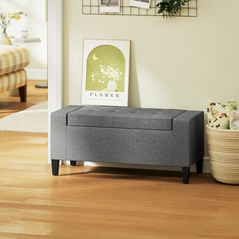 36" Linen-Look Storage Ottoman Bench, Solid Wood Frame, Grey