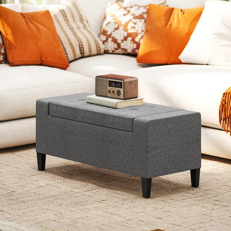 36" Linen-Look Storage Ottoman Bench, Solid Wood Frame, Grey