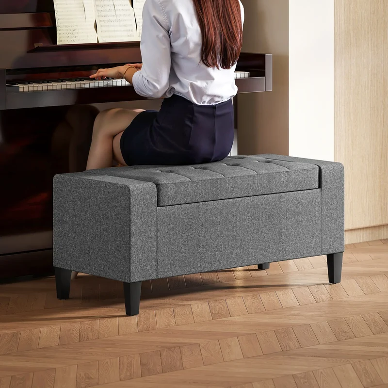 36" Linen-Look Storage Ottoman Bench, Solid Wood Frame, Grey
