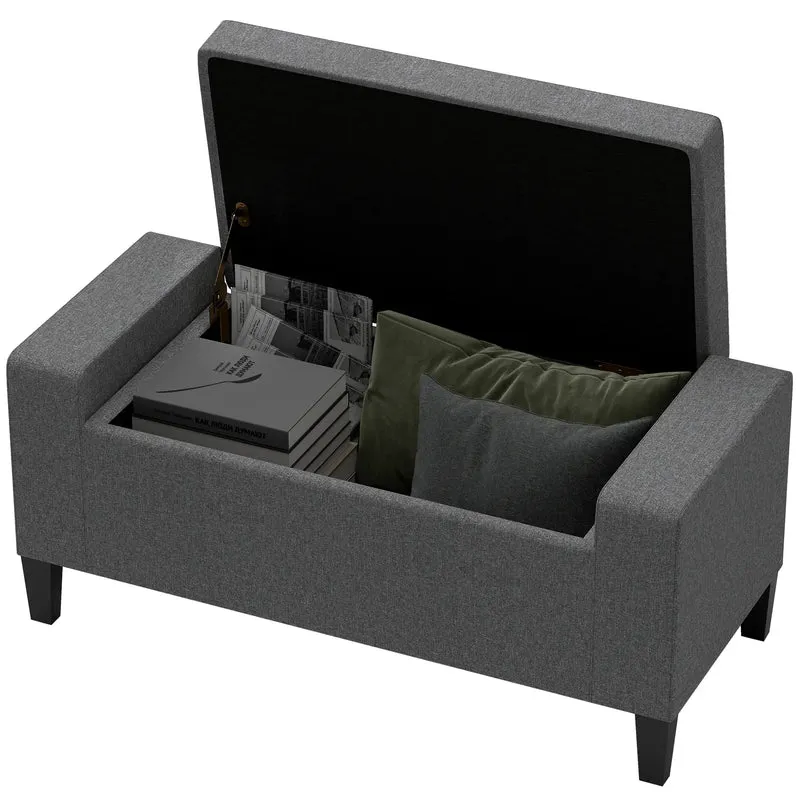 36" Linen-Look Storage Ottoman Bench, Solid Wood Frame, Grey