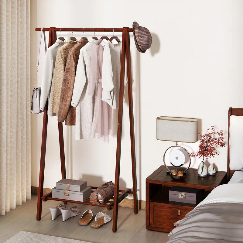 Folding Rubber Wood Clothes Hanging Rack Standing Garment Rack with Bottom Storage Shelf, Walnut