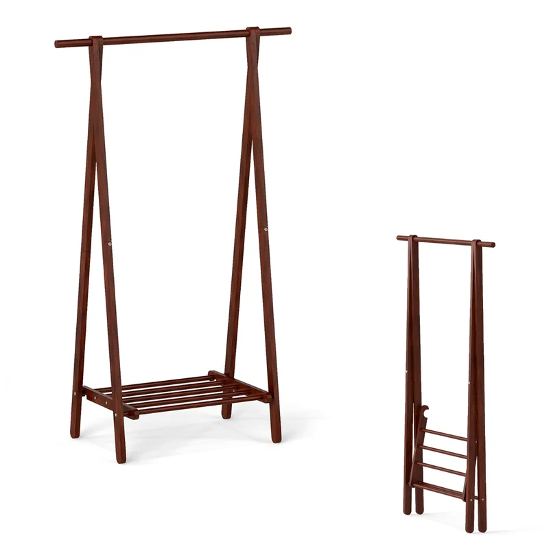Folding Rubber Wood Clothes Hanging Rack Standing Garment Rack with Bottom Storage Shelf, Walnut