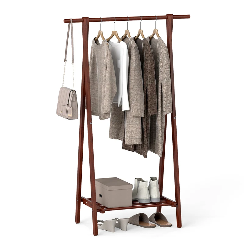 Folding Rubber Wood Clothes Hanging Rack Standing Garment Rack with Bottom Storage Shelf, Walnut