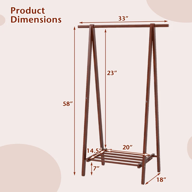 Folding Rubber Wood Clothes Hanging Rack Standing Garment Rack with Bottom Storage Shelf, Walnut