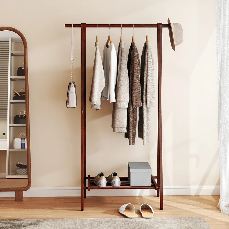Folding Rubber Wood Clothes Hanging Rack Standing Garment Rack with Bottom Storage Shelf, Walnut