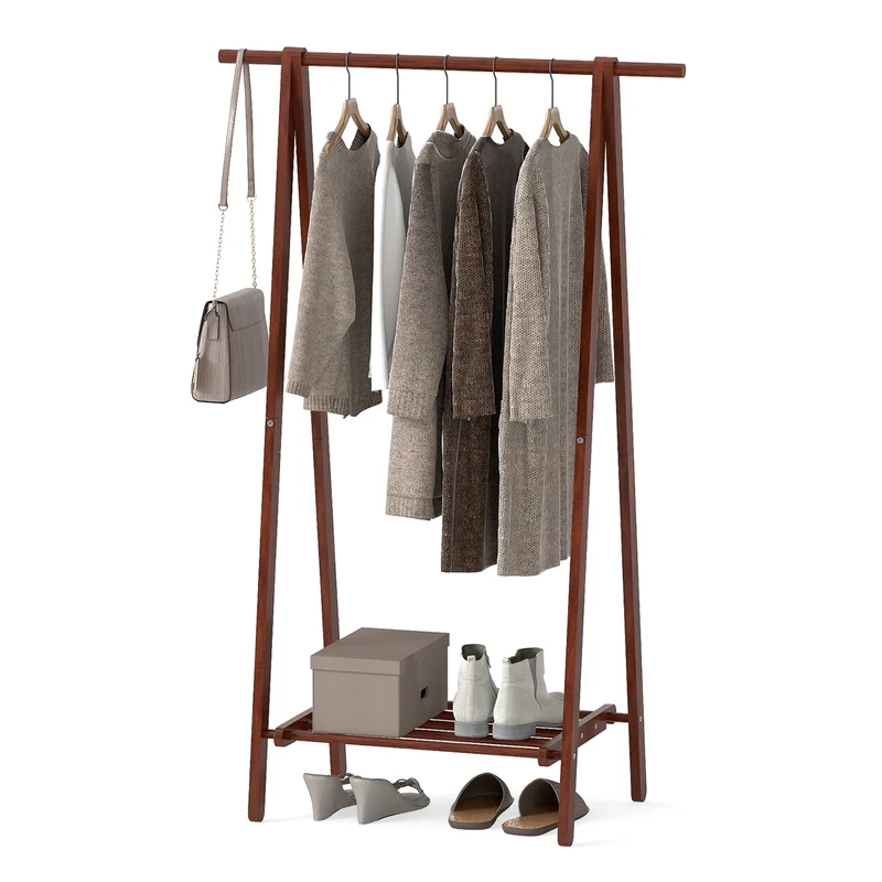 Folding Rubber Wood Clothes Hanging Rack Standing Garment Rack with Bottom Storage Shelf, Walnut