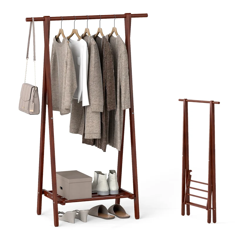 Folding Rubber Wood Clothes Hanging Rack Standing Garment Rack with Bottom Storage Shelf, Walnut