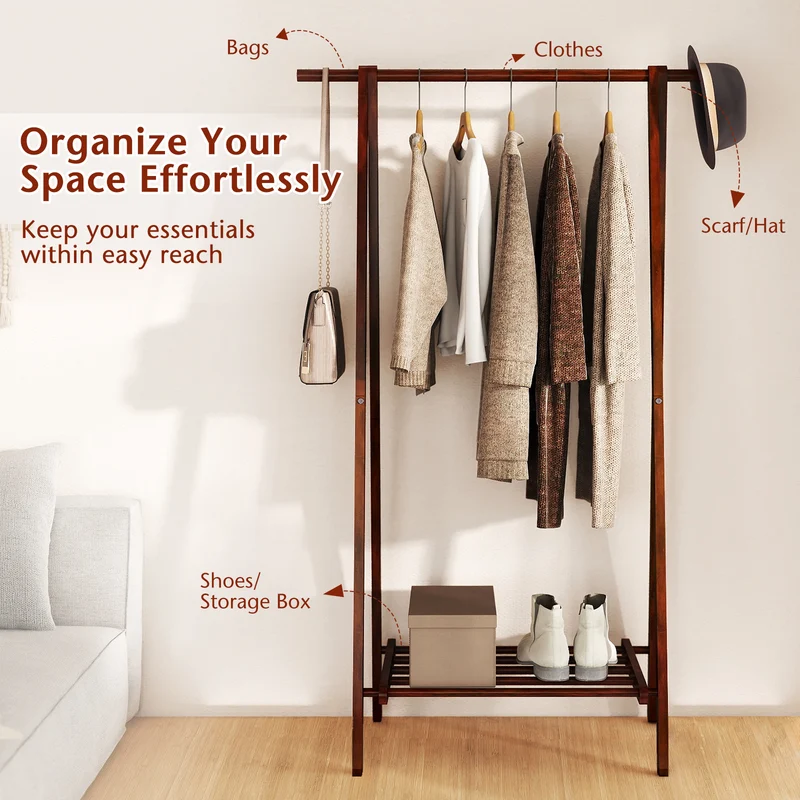 Folding Rubber Wood Clothes Hanging Rack Standing Garment Rack with Bottom Storage Shelf, Walnut
