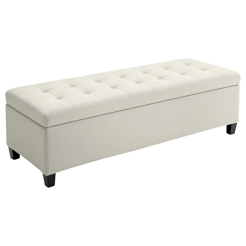 Rectangular Entry Bench, Tufted Upholstered Linen, Wood Feet, Beige