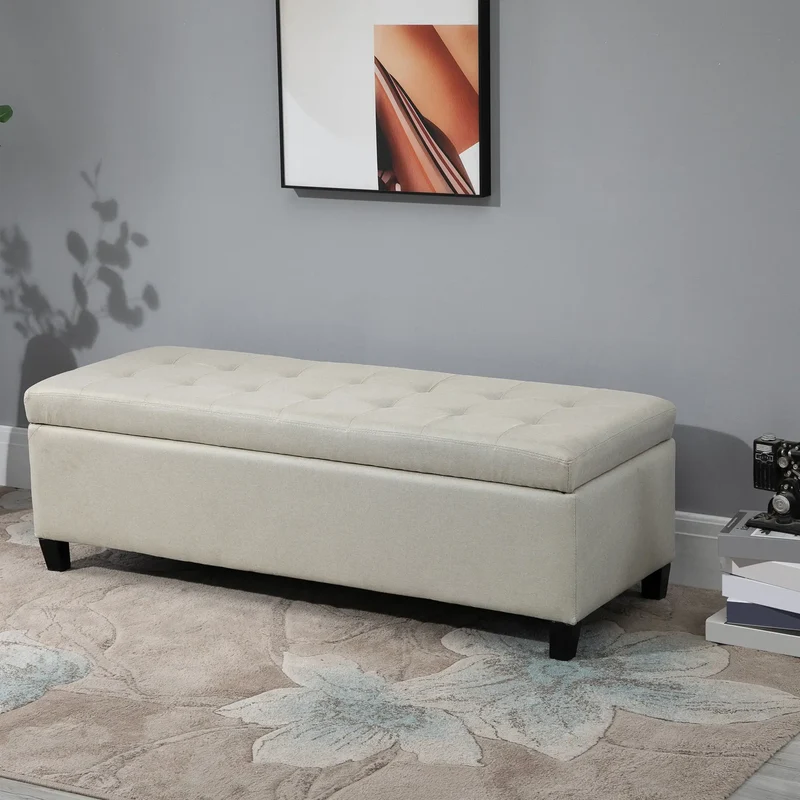 Rectangular Entry Bench, Tufted Upholstered Linen, Wood Feet, Beige