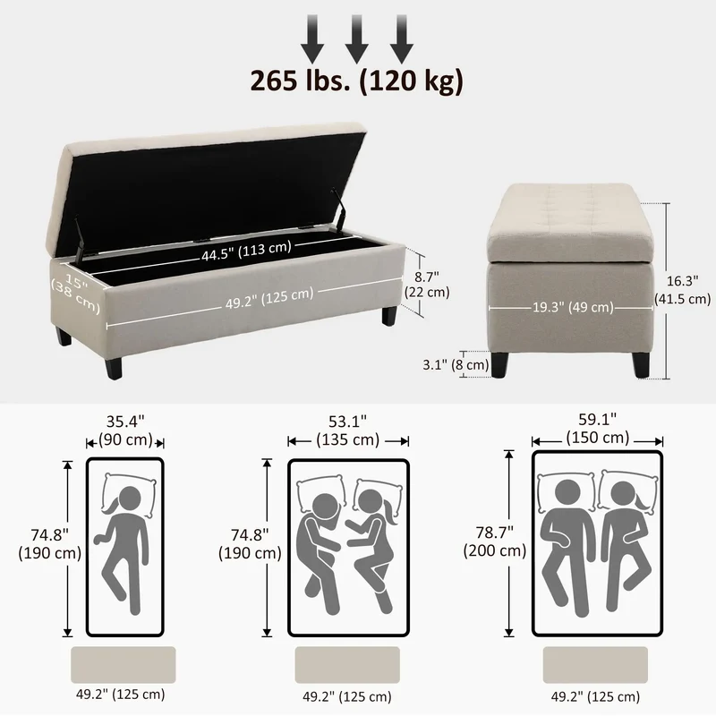 Rectangular Entry Bench, Tufted Upholstered Linen, Wood Feet, Beige