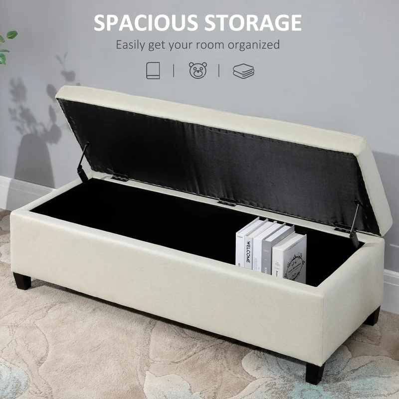 Rectangular Entry Bench, Tufted Upholstered Linen, Wood Feet, Beige