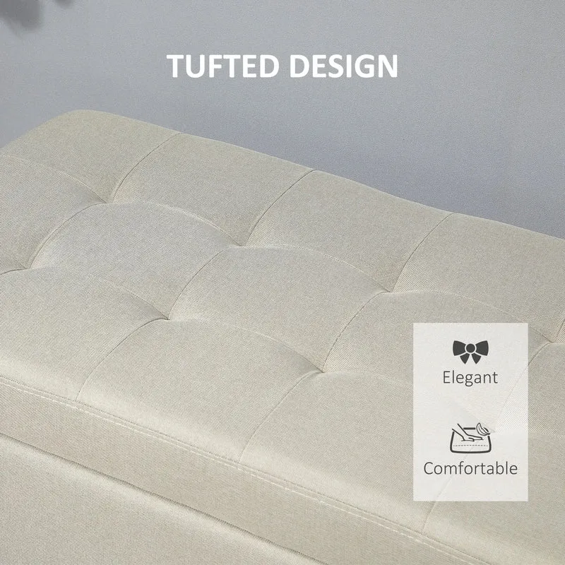Rectangular Entry Bench, Tufted Upholstered Linen, Wood Feet, Beige