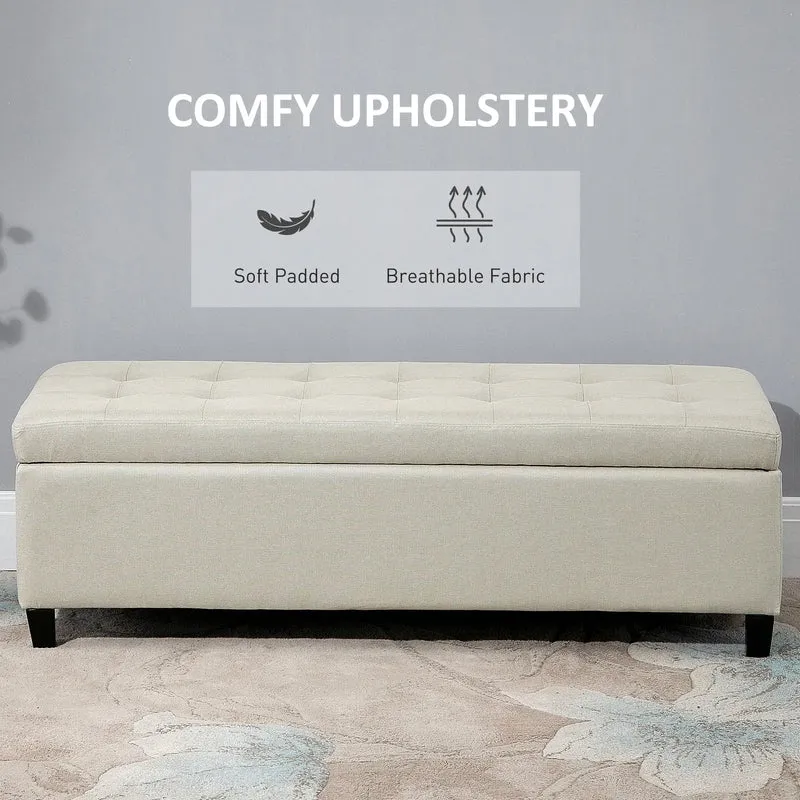 Rectangular Entry Bench, Tufted Upholstered Linen, Wood Feet, Beige