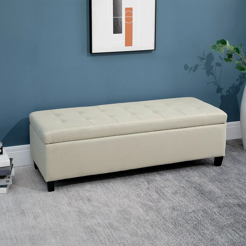 Rectangular Entry Bench, Tufted Upholstered Linen, Wood Feet, Beige