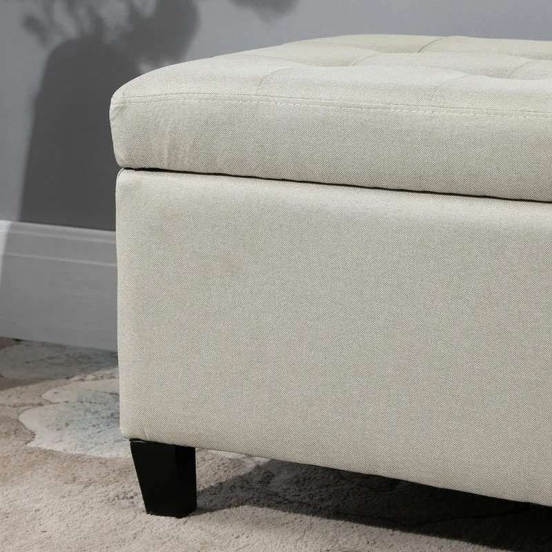 Rectangular Entry Bench, Tufted Upholstered Linen, Wood Feet, Beige