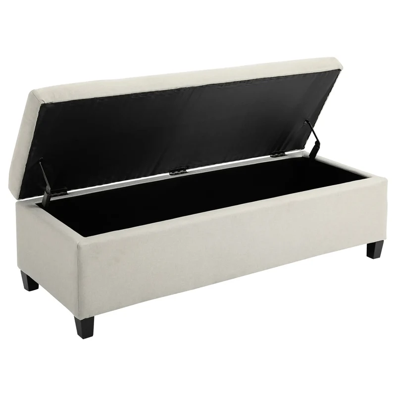 Rectangular Entry Bench, Tufted Upholstered Linen, Wood Feet, Beige