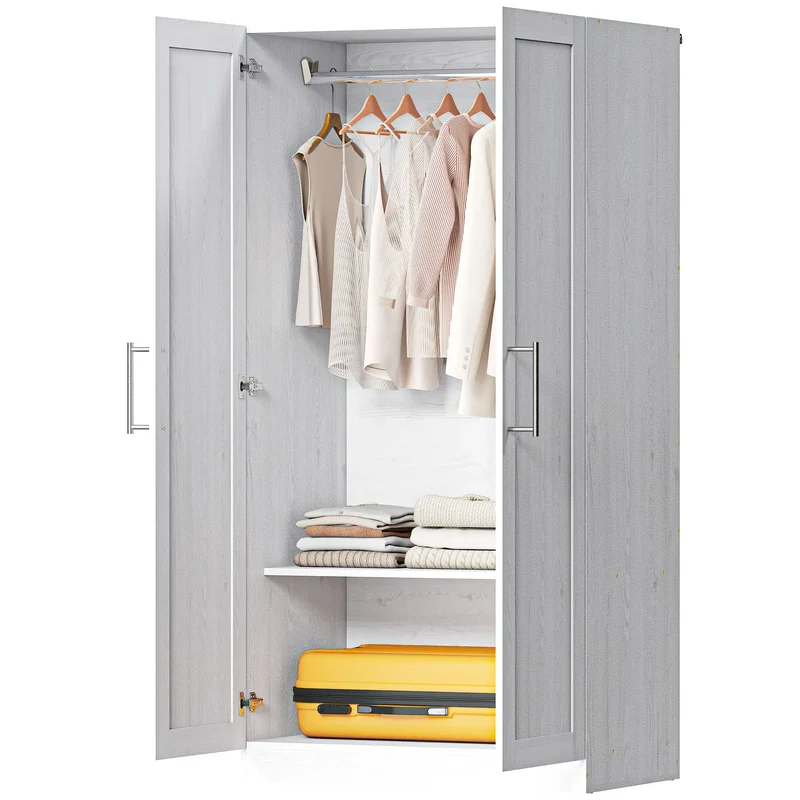 White Wood Effect Wardrobe Cabinet, 2 Doors With Hanging Rod, White