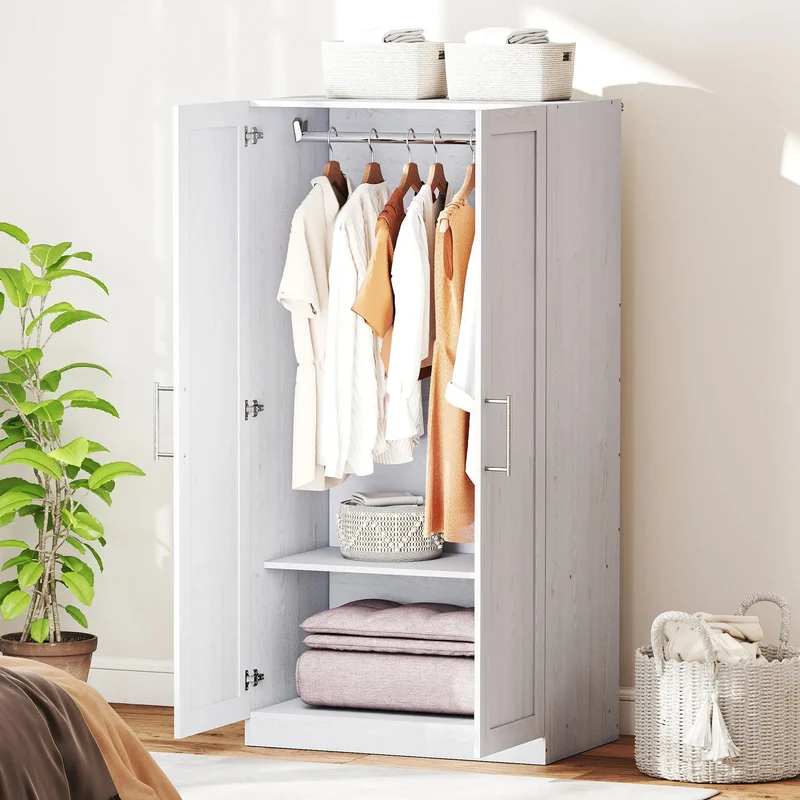 White Wood Effect Wardrobe Cabinet, 2 Doors With Hanging Rod, White