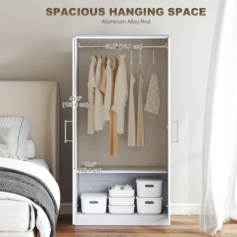 White Wood Effect Wardrobe Cabinet, 2 Doors With Hanging Rod, White