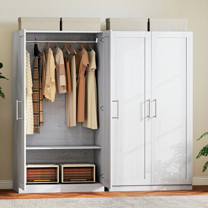 White Wood Effect Wardrobe Cabinet, 2 Doors With Hanging Rod, White