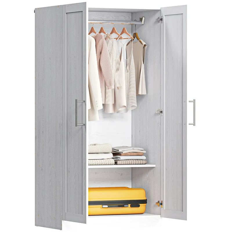 White Wood Effect Wardrobe Cabinet, 2 Doors With Hanging Rod, White