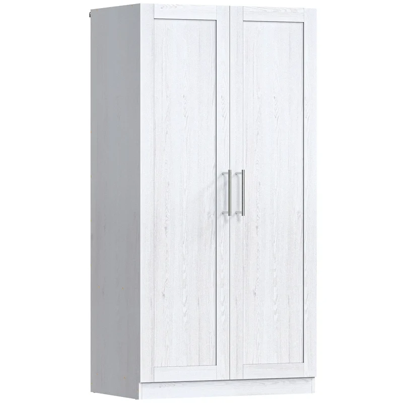 White Wood Effect Wardrobe Cabinet, 2 Doors With Hanging Rod, White