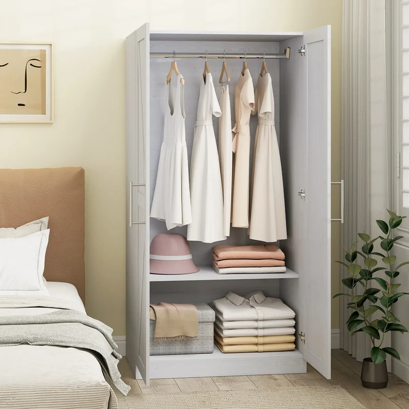 Farmhouse Armoire Wardrobe, 2 Barn Doors, White Wood Effect, White
